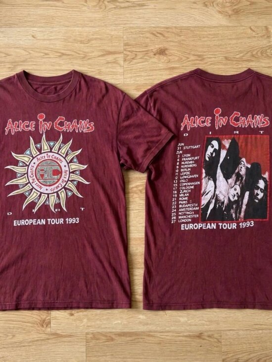 Gildan Other - Alice in Chains European Tour 1993 Vintage-Washed Burgundy Two-Sided T-Shirt